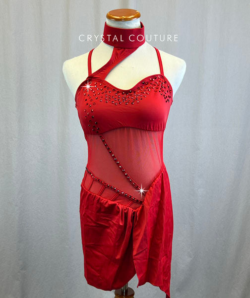 Red Salsa Mesh Cutout Leotard with Slit Skirt - Rhinestones