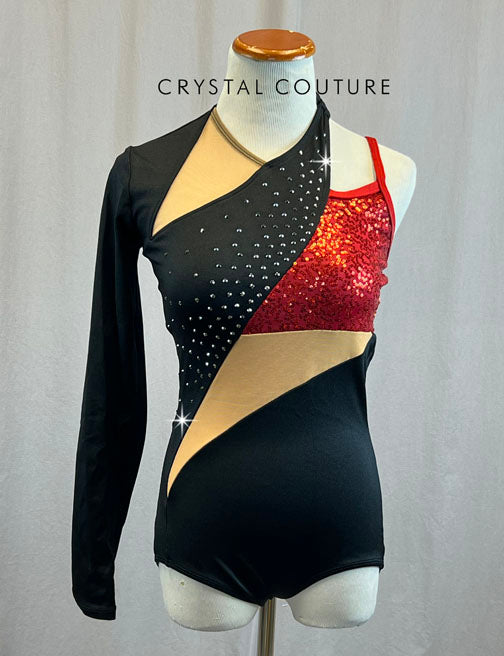 Black One Sleeve Leotard with Mesh and Red Zsa Zsa Inserts - Rhinestones
