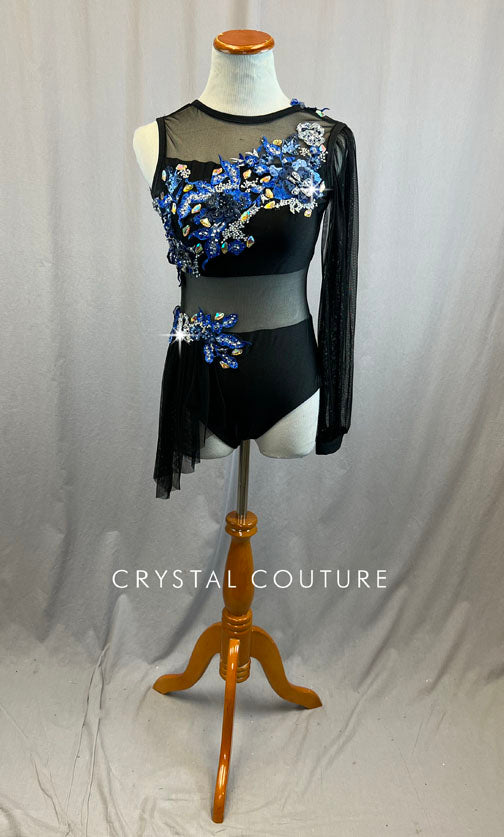 Black Leotard with One Sleeve and Blue Floral Appliques - Rhinestones