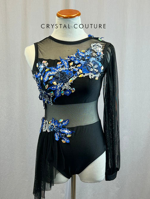 Black Leotard with One Sleeve and Blue Floral Appliques - Rhinestones