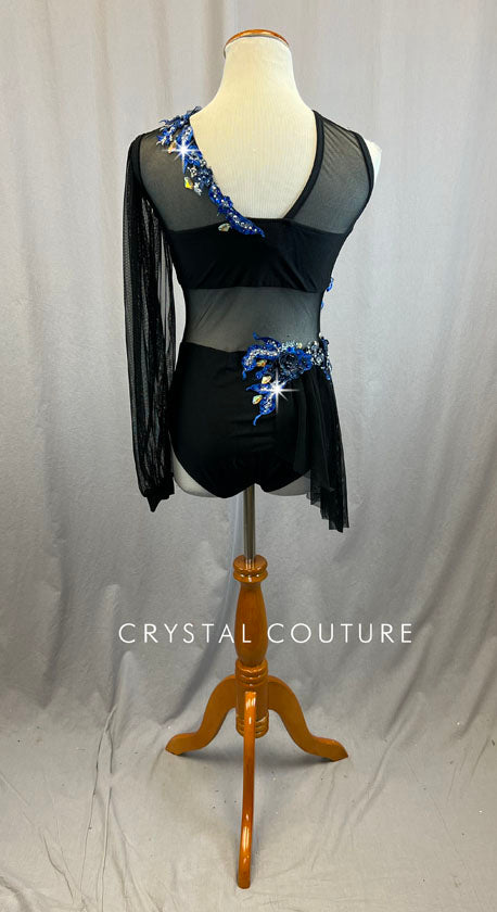 Black Leotard with One Sleeve and Blue Floral Appliques - Rhinestones
