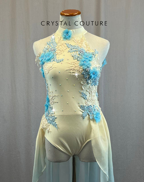 Ivory Leotard with Ivory and Baby Blue Beaded Applique and Ombre Half Skirt - Rhinestones