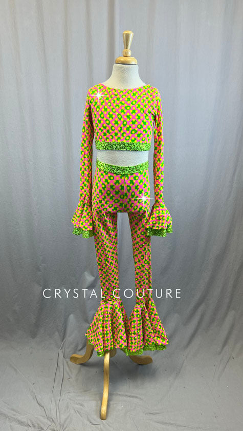 Pink, Yellow and Green Two Piece Polka Dot Set - Rhinestones