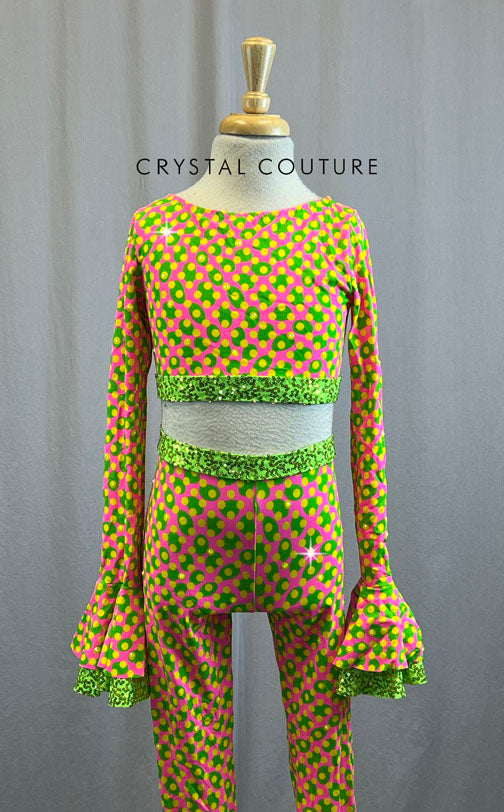 Pink, Yellow and Green Two Piece Polka Dot Set - Rhinestones