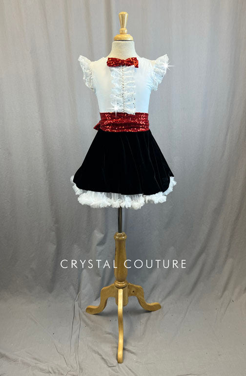 White Dress with Black Velvet Skirt and Red Zsa Zsa Accents - Rhinestones