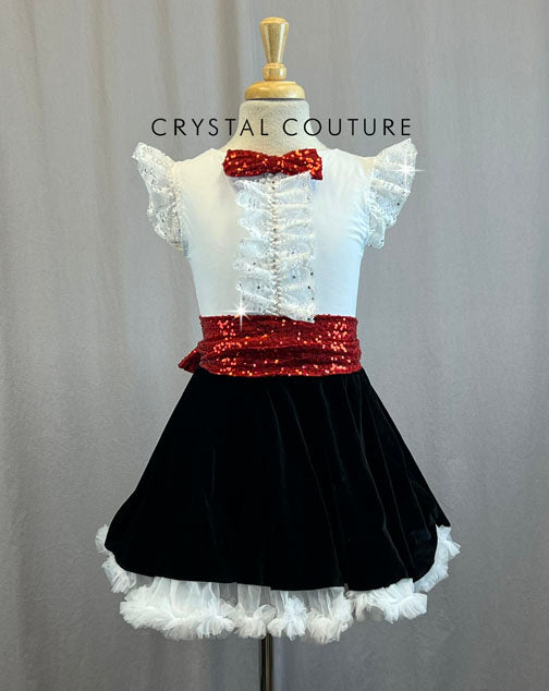 White Dress with Black Velvet Skirt and Red Zsa Zsa Accents - Rhinestones