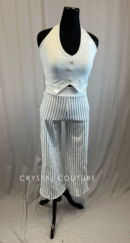 White Pinstriped Two Piece Set - Rhinestones