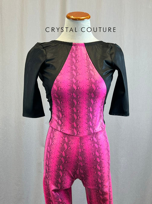 *Brand New* Black Metallic Bodysuit with Hot Pink Snakeskin Colorblock and Quarter Sleeves