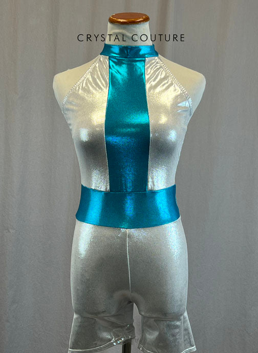 *Brand New* Silver and Turquoise Metallic Colorblock Biketard