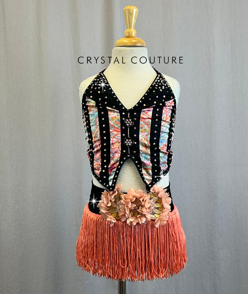 Black and Multicolor Two piece with Fringe and Applique - Rhinestones