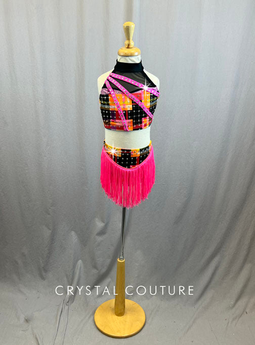 Pink, Orange, Red and Black Checkered Two-Piece - Rhinestones