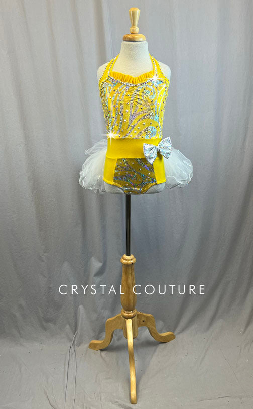 Yellow Leotard with Silver Detail and White Tulle Skirt - Rhinestones