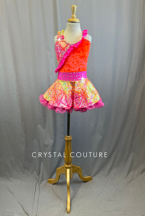 Pink, Orange and Yellow Holographic Leotard with Skirt - Rhinestones