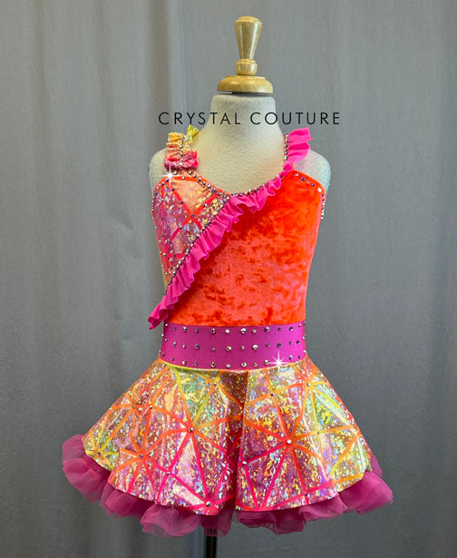 Pink, Orange and Yellow Holographic Leotard with Skirt - Rhinestones