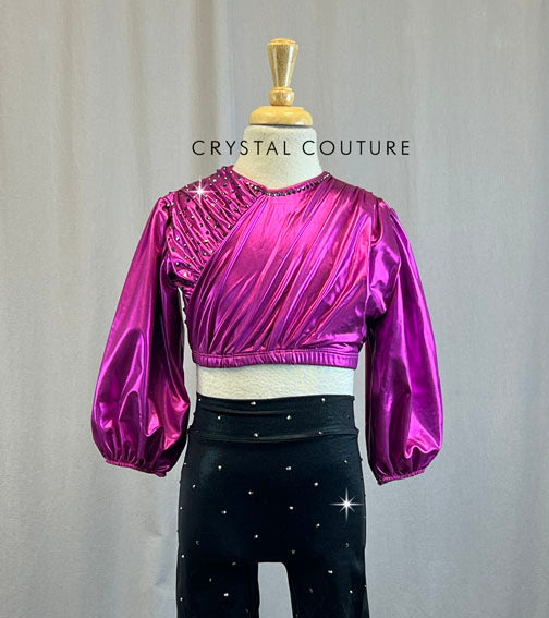 Magenta Metallic Long Sleeve Top Paired with Black Metallic Leggings - Rhinestones