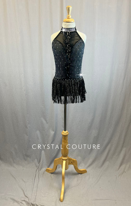 Black and White Pinstripe Leotard with Fringe Skirt - Rhinestones