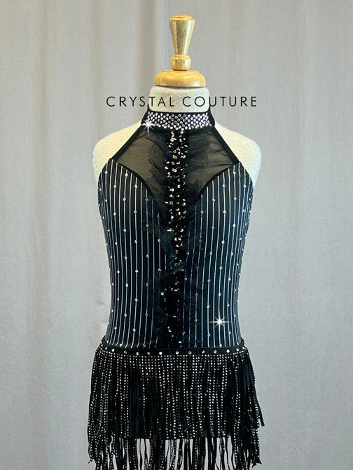Black and White Pinstripe Leotard with Fringe Skirt - Rhinestones