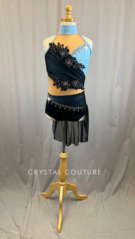 *Brand New* Light Blue and Black Dress with Mesh Inserts, Black Floral Applique, and Black Mesh Skirt - Rhinestones *Brand New* Light Blue and Black Dress with Mesh Inserts, Black Floral Applique, and Black Mesh Skirt - Rhinestones