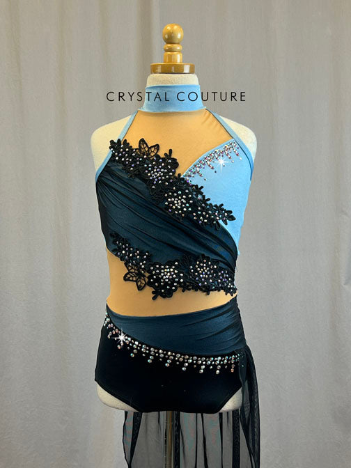 *Brand New* Light Blue and Black Dress with Mesh Inserts, Black Floral Applique, and Black Mesh Skirt - Rhinestones