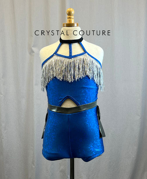 *Brand New* Custom Royal Blue Metallic Biketard with Fringe