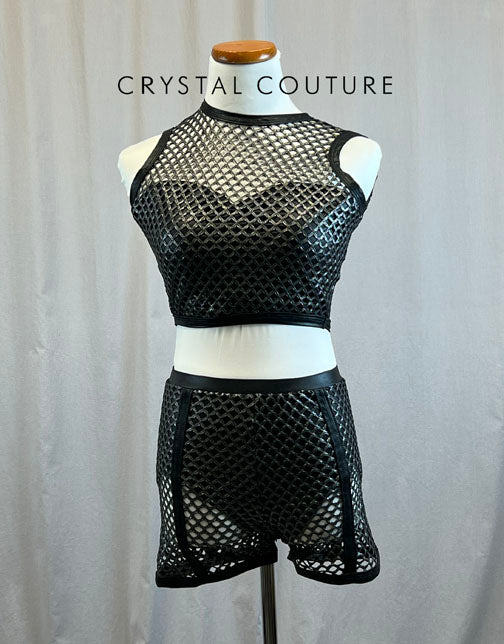 *Brand New* Custom Grey Metallic Fishnet Two-Piece with Black Pleather Trim