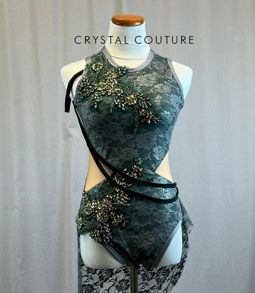 *Brand New* Custom Dark Grey Lace Leotard with Mesh Inserts and Dark Green Beaded Appliques