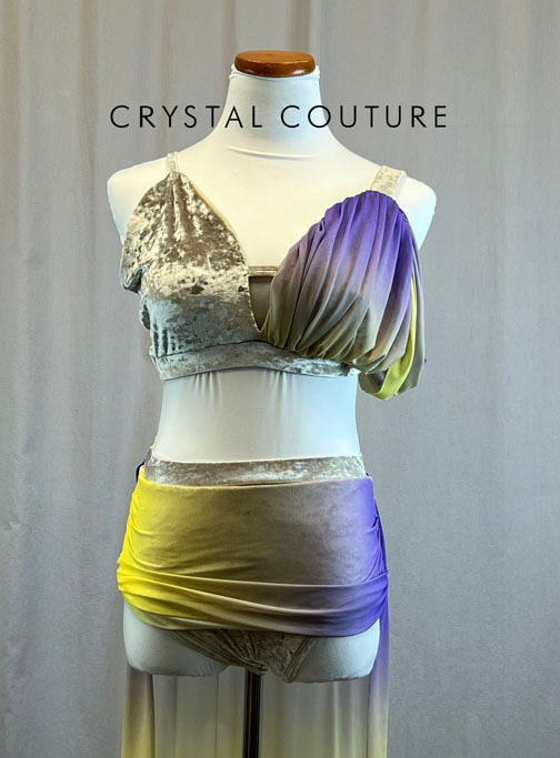 *Brand New* Custom Ivory Crushed Velvet Two-Piece with Purple and Yellow Ombre Mesh