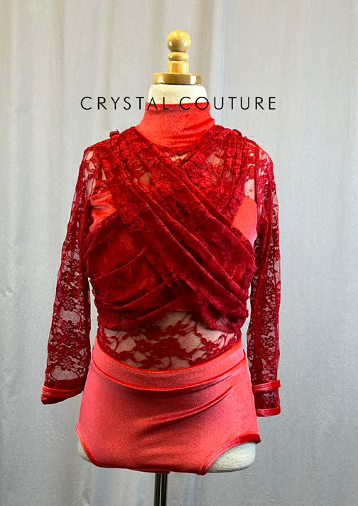 *Brand New* Custom Red Lace Leotard with Metallic Velvet and Detachable Hood