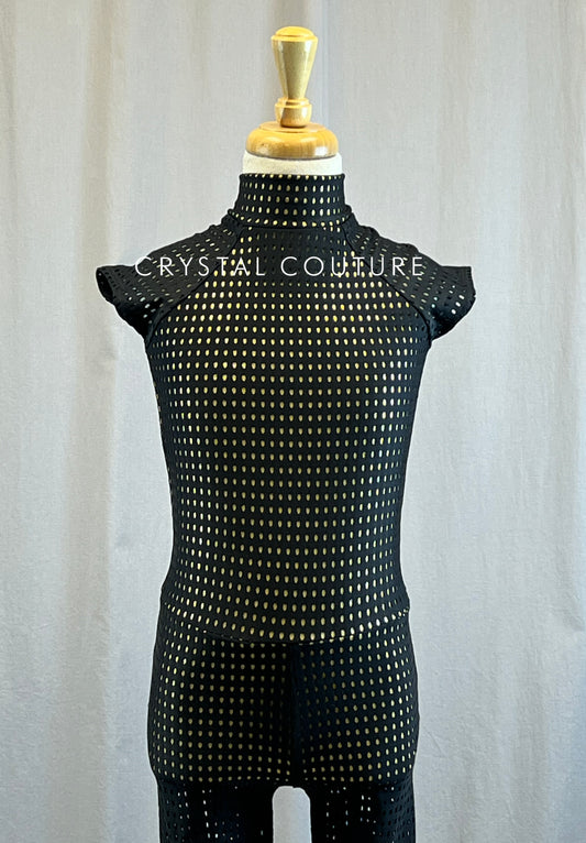 *Brand New* Black Fishnet Cap-sleeve Unitard with Gold Metallic