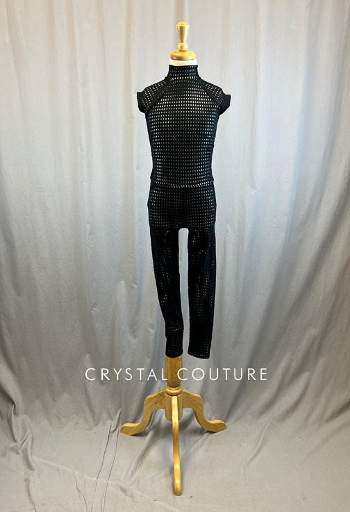 *Brand New* Black Fishnet Cap-sleeve Unitard with Silver Metallic