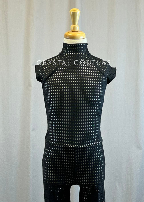 *Brand New* Black Fishnet Cap-sleeve Unitard with Silver Metallic