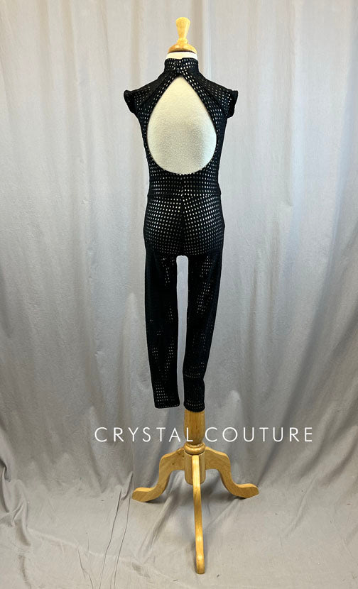*Brand New* Black Fishnet Cap-sleeve Unitard with Silver Metallic