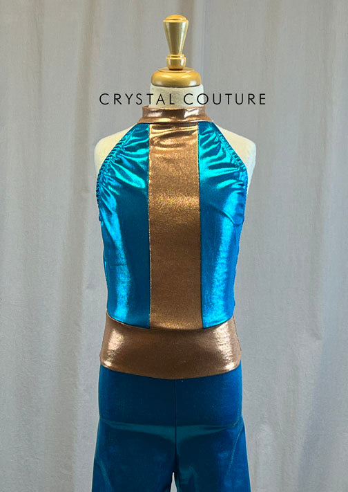 *Brand New* Blue and Bronze Metallic Biketard with High Neck