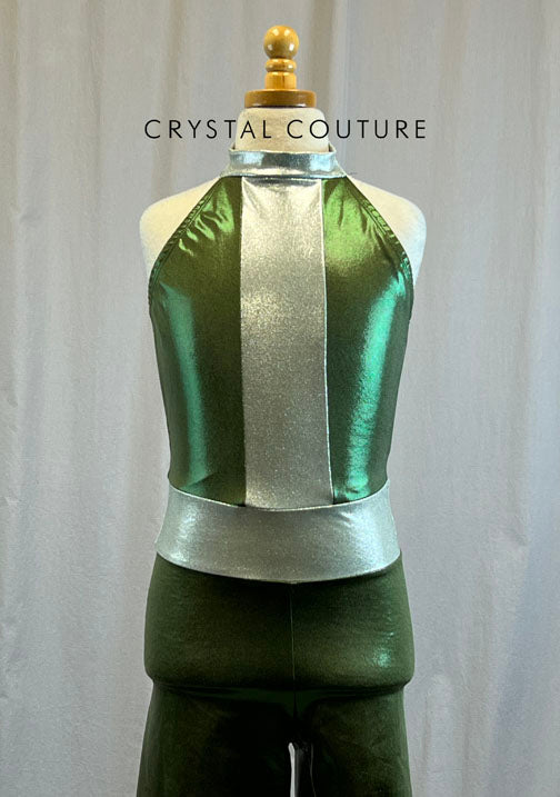 *Brand New* Green and Silver Metallic Biketard with High Neck