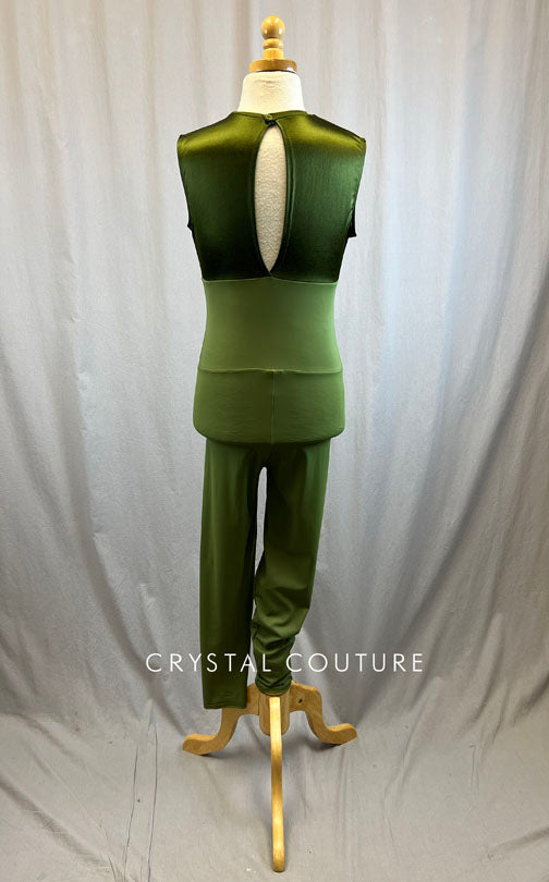 *Brand New* Olive Green Satin and Lycra Colorblock Unitard
