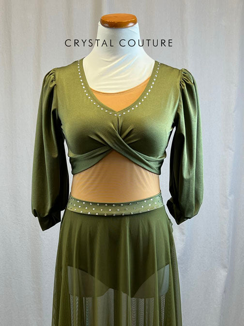 *Brand New* Olive Green Lycra Dress with Nude Lined Mesh - Rhinestones