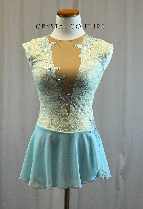 *Brand New* Ivory and Light Blue Lace Leotard with Skirt and Applique - Rhinestones