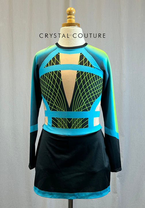 *Brand New* Black, Green and Turquoise Geometric Pom Dress