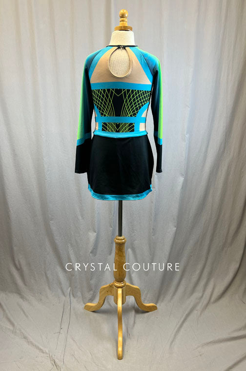 *Brand New* Black, Green and Turquoise Geometric Pom Dress