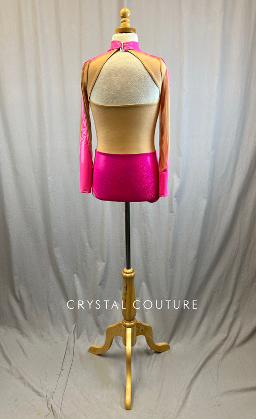 *Brand New* Hot Pink and Orange Pleather and Metallic Leotard with Mesh Inserts