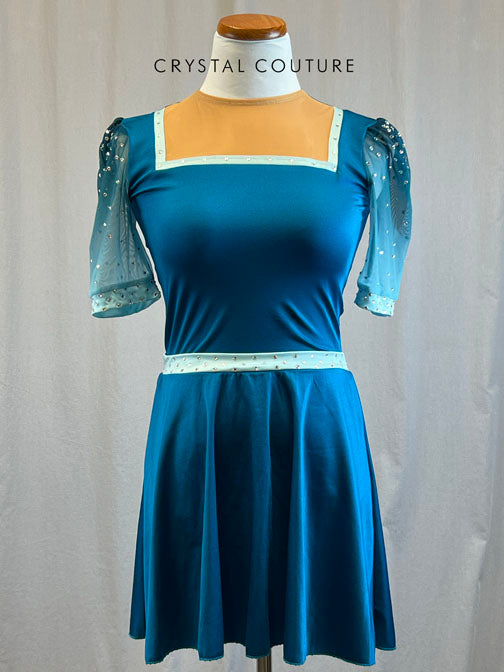 *Brand New* Teal Skating Dress with Ombre Mesh Arm Cap Sleeves