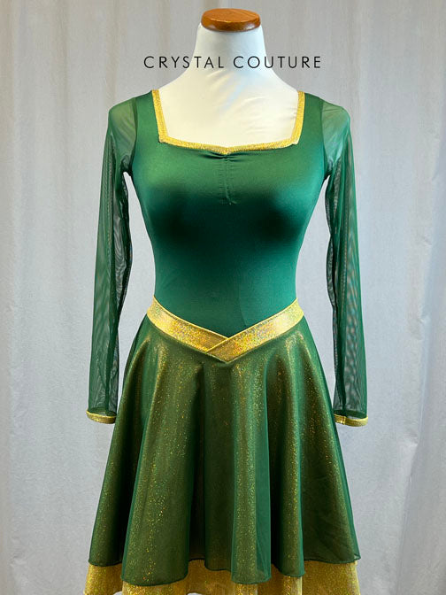 *Brand New* Hunter Green and Gold Skating Dress with Metallic Skirt