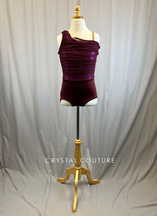 *Brand New* Burgundy mesh overlay leotard with connected fuchsia metallic top