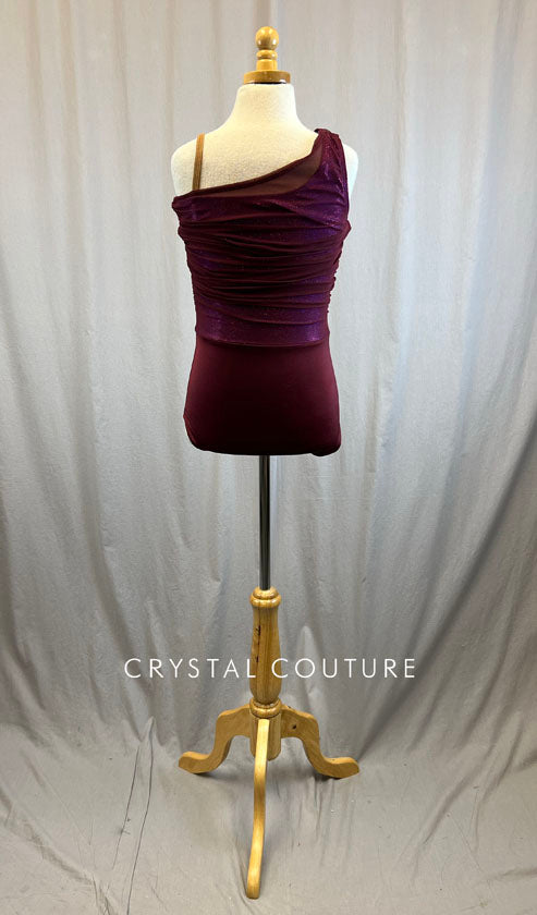 *Brand New* Burgundy mesh overlay leotard with connected fuchsia metallic top