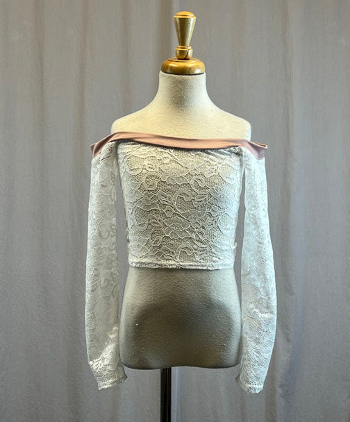 *Brand New* White lace long sleeve off shoulder top with rose spandex neckline