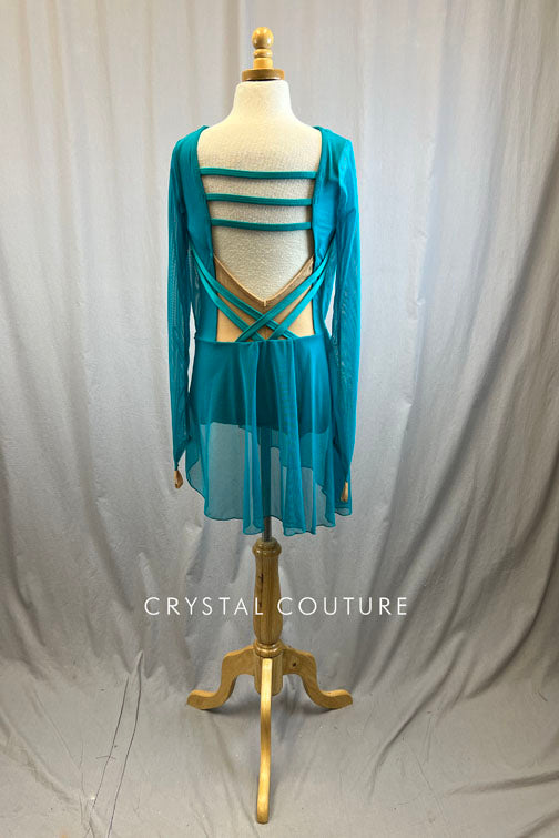 *Brand New* Teal mesh overlay leotard with high low skirt and finger loop