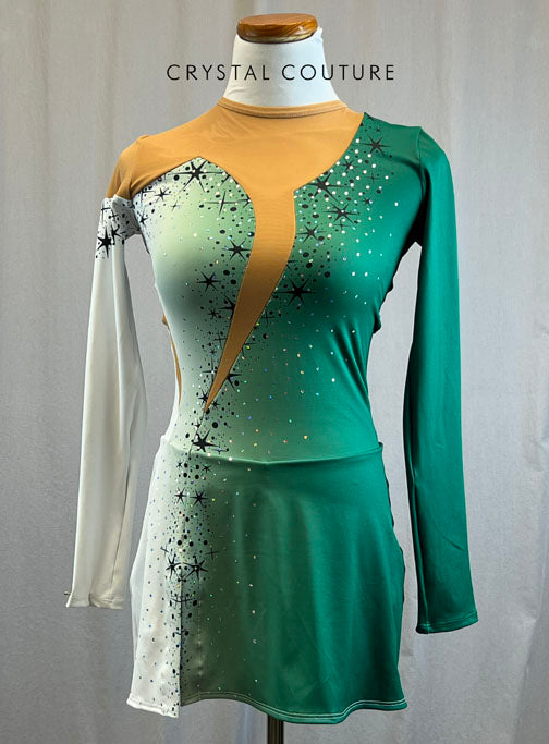 *Brand New* Green and white supplemented skating dress with black stars and sequins