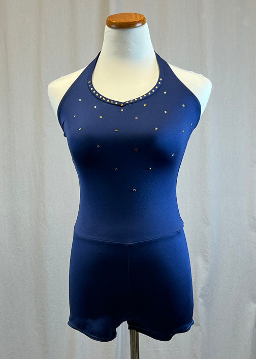 *Brand New* Navy blue V neck halter biketard -Rhinestones