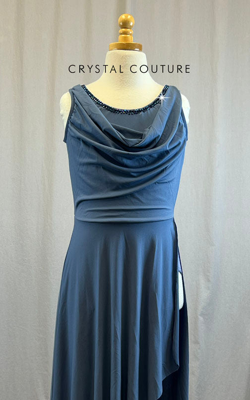 Slate blue scoop neck long dress -Rhinestones