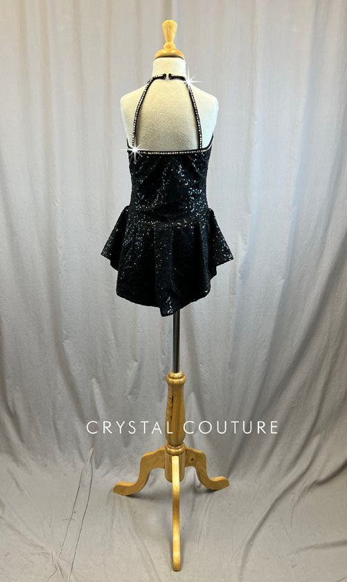 Black sequin high neck leotard with short skirt attached -Rhinestones